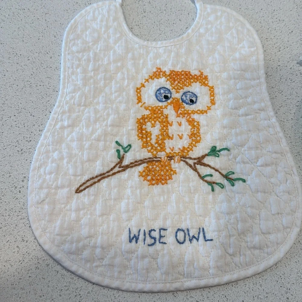 Vintage Cross Stitch Embroidered Baby Little Lamb Wise Owl baby blue bird set 3